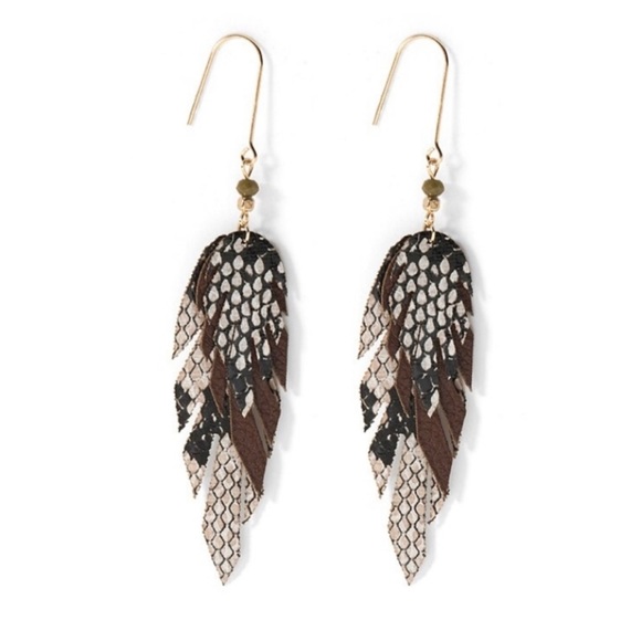 Artisan Fall Leather Feather Dangle Earrings Brown - Picture 8 of 8